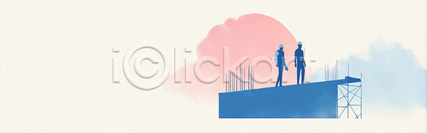 계획 협력 JPG 일러스트 AI일러스트 AI콘텐츠 건축 건축가 경관 구조물 국내일러스트 기둥 기술자 대화 안전 안전모 일몰 작업 점검 진행