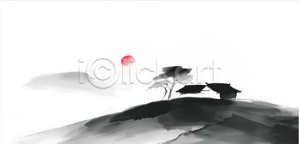 고요 JPG 실루엣 일러스트 AI일러스트 AI콘텐츠 국내일러스트 그림 나무 문화 백그라운드 뷰티풀 산 예술 일몰 일출 자연 전통 주택 컬러 태양 풍경 하늘 한옥 햇빛