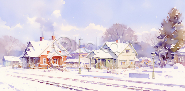 추위 JPG 일러스트 AI일러스트 AI콘텐츠 겨울 국내일러스트 기온 기차 기차역 기찻길 나무 날씨 도시 마을 자연 조용 주택 촉촉함 크리스마스트리 풍경 흰색