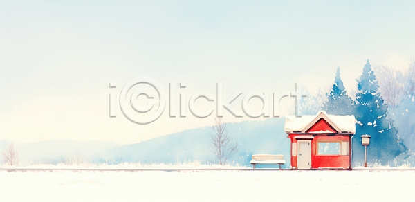 고요 차가움 평화 JPG 일러스트 AI일러스트 AI콘텐츠 겨울 국내일러스트 기찻길 나무 대기 버스정류장 빨간색 산 시골 아침 역 자연 조용 풍경 하늘