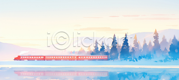 고요 분위기 평화 JPG 일러스트 AI일러스트 AI콘텐츠 국내일러스트 기운 기차 기찻길 나무 반사 빨간색 산 소리 수증기 아침 여행 일출 자연 파란색 풍경 호수