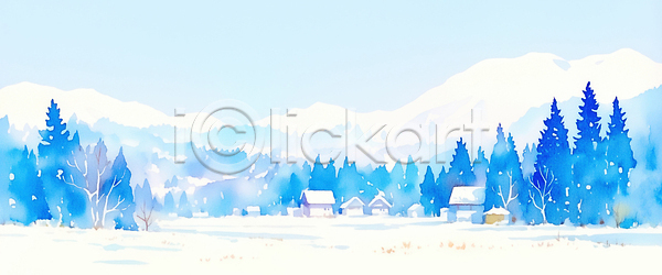 고요 JPG 일러스트 AI일러스트 AI콘텐츠 겨울 국내일러스트 나무 눈 눈덮임 마을 백그라운드 산 숲 숲길 시야 자연 파란색 풍경 풍경화 하늘 흰색