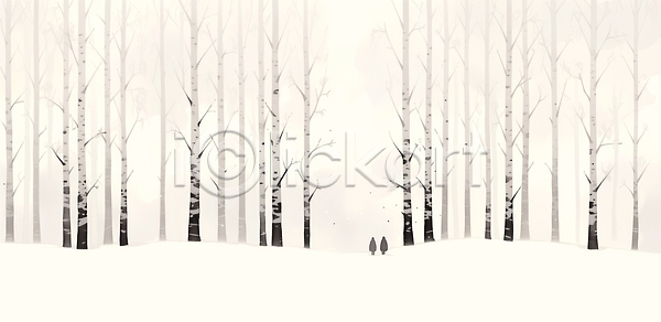 고요 산책 침묵 두명 사람 JPG 일러스트 AI일러스트 AI콘텐츠 겨울 국내일러스트 나무 러시아 숲 숲속 자연 자작나무 자작나무숲 조경 풍경 흰색