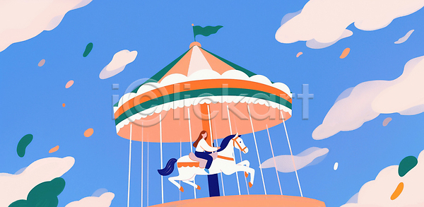 즐거움 행복 사람 어린이 JPG 일러스트 AI일러스트 AI콘텐츠 가족 국내일러스트 놀이공원 놀이기구 말 말(동물) 모션 웃음 주말 취미 친구 컬러 풍경 하늘 회전목마