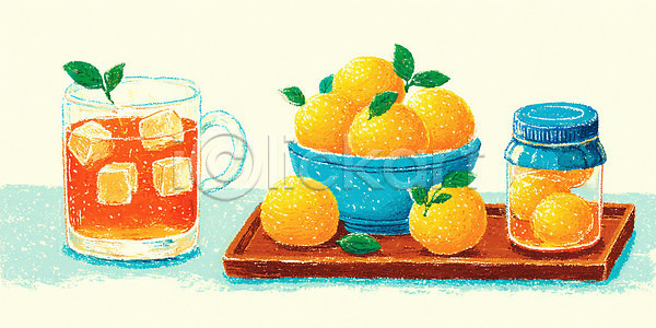 상큼 평화 JPG 일러스트 AI일러스트 AI콘텐츠 과일 국내일러스트 귤 디저트 식사 아이스티 얼음 음료 잎 자연 잔 탁자