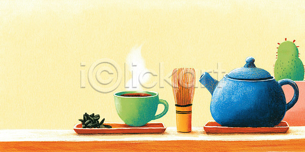 따뜻함 분위기 편안함 휴식 JPG 일러스트 AI일러스트 AI콘텐츠 국내일러스트 디자인 선인장 식사 음료 일상 자연 주전자 주택 찻잔 청록색 컬러 탁자 파란색