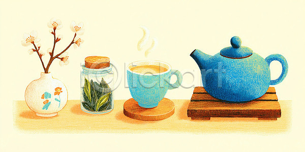 편안함 평화 JPG 일러스트 AI일러스트 AI콘텐츠 건강 국내일러스트 녹차 봄꽃 오브젝트 음료 인테리어 일상 자연 찻주전자 컵 탁자 향기 홈카페