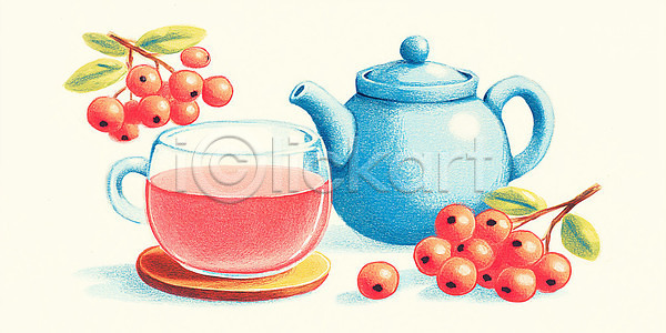 따뜻함 신선 여유 편안함 JPG 일러스트 AI일러스트 AI콘텐츠 과일 과일차 국내일러스트 다과 분홍색 음료 일상 자연 주전자 컬러 컵 탁자 풍경 향기 홈카페