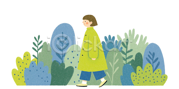 사람 여자 JPG 일러스트 AI일러스트 AI콘텐츠 걷기 국내일러스트 그림 나뭇잎 단순화된 도심 모션 백그라운드 스타일 식물 우비 일상 자연 청바지 초록색 캐주얼 패션 풍경