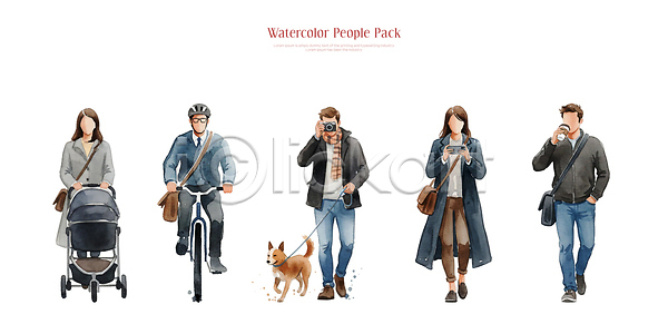 산책 남자 사람 어린이 여러명 여자 PSD 일러스트 가방 개 국내일러스트 그림 도로 도시 모션 부모 수채화 스마트폰 외출 자전거 커피 통행