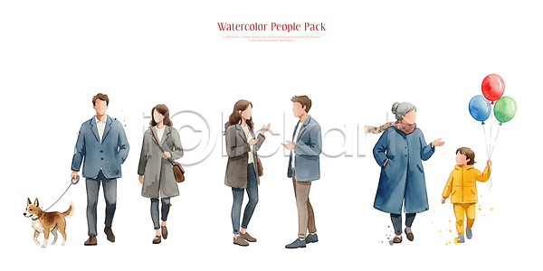 산책 남자 사람 어린이 여자 PSD 일러스트 가족 강아지 거리 걷기 국내일러스트 대화 동물 보행자 산책로 수채화 일상 친구 캐릭터 풍선