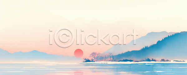 고요 여유 편안함 평화 JPG 실루엣 일러스트 AI일러스트 AI콘텐츠 국내일러스트 나무 명절 물 반사 산 새해 수평선 아침 여행 일몰 일출 자연 저녁 컬러 풍경 하늘 호수