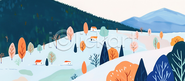 JPG 일러스트 AI일러스트 AI콘텐츠 겨울 공간 국내일러스트 나무 동산 마을 미술 백그라운드 사계절 산 언덕 자연 조경 주택 컬러 평면 풍경 풍경화