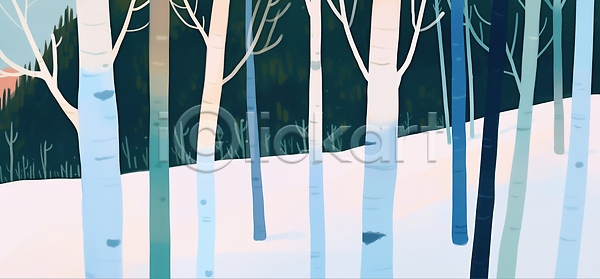 차가움 JPG 일러스트 AI일러스트 AI콘텐츠 겨울 국내일러스트 나무 눈덮임 바닥 백그라운드 숲 숲속 자연 조명 줄기 컬러 평면 풍경 풍경화 하늘