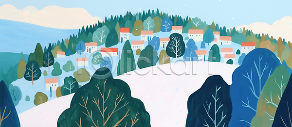 여유 JPG 일러스트 AI일러스트 AI콘텐츠 겨울 국내일러스트 나무 마을 숲 언덕 일상 자연 조화 주택 지역 지역사회 초록색 컬러 파란색 풍경 하늘 환경