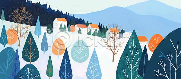 JPG 일러스트 AI일러스트 AI콘텐츠 감각 겨울 계절 국내일러스트 나무 디자인 모양 백그라운드 산 숲 예술 자연 주택 컬러 풍경 하늘 환경
