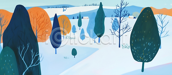 JPG 일러스트 AI일러스트 AI콘텐츠 가지치기 겨울 경관 계절 국내일러스트 나무 마을 산 자연 주택 초원 컬러 파란색 평야 풍경 하늘