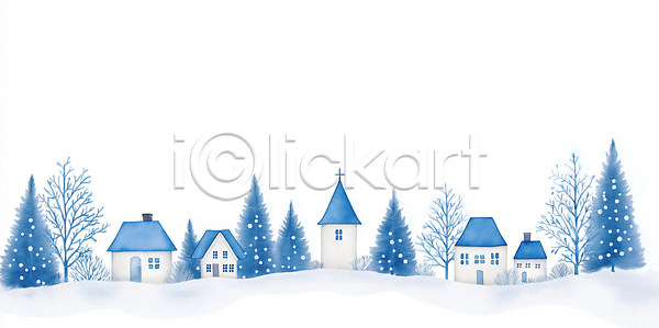 고요 JPG 일러스트 AI일러스트 AI콘텐츠 갈색 겨울 교회 국내일러스트 나무 마을 사슴 시골 자연 종교 주택 파란색 풍경 풍경화 회색 흰색