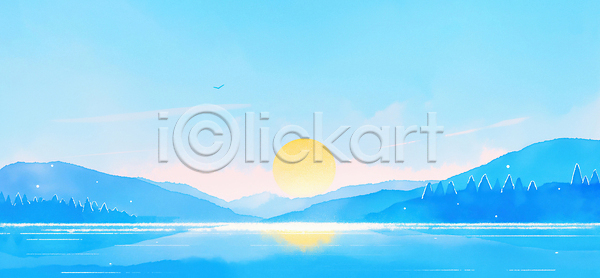 평화 JPG 일러스트 AI일러스트 AI콘텐츠 국내일러스트 나무 물 바람 반사 밝음 산 새벽 수면 여름 일출 자연 조류 조명 컬러 풍경 풍경화 하늘 하늘색 호수