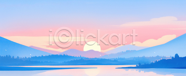 고요 JPG 일러스트 AI일러스트 AI콘텐츠 국내일러스트 나무 노을 물 반사 뷰티풀 산 산들바람 새벽 수평선 아침 일출 자연 컬러 태양 풍경 하늘 호수 환경