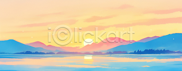 평화 JPG 일러스트 AI일러스트 AI콘텐츠 공간 국내일러스트 날씨 물 반사 백그라운드 산 시간 여행 일몰 일출 자연 저녁 주황색 태양 파란색 풍경 하늘 호수