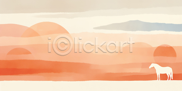 고요 JPG 실루엣 일러스트 AI일러스트 AI콘텐츠 국내일러스트 동물 땅 병오년 붉은말 빨간색 수평선 아침 일몰 일출 자연 장면 저녁 주황색 컬러 평면 풍경 하늘