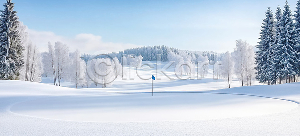 JPG 편집이미지 AI콘텐츠 AI포토 겨울 골프장 깃발 나무 눈보라 바람 스포츠 언덕 자연 파란색 편집실사 풍경 하늘
