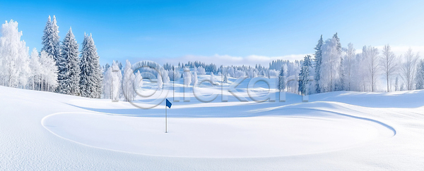 JPG 편집이미지 AI콘텐츠 AI포토 겨울 고객 골프 골프장 공 깃발 나무 날씨 스포츠 코스 편집실사 풍경 하늘 홀 흰색