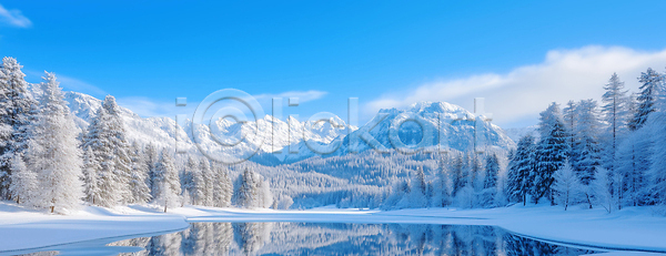 차가움 JPG 편집이미지 AI콘텐츠 AI포토 겨울 나무 맑음 반사 뷰티풀 산 설산 숲 자연 조화 편집실사 풍경 하늘 호수