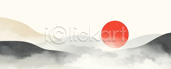 JPG 일러스트 AI일러스트 AI콘텐츠 공간 국내일러스트 그림 근하신년 대기 모양 물감 산 새해 수평선 아침 일출 자연 점 조명 차분 컬러 태양 풍경 하늘 햇빛