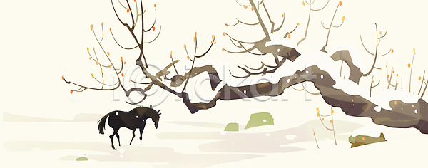 고요 JPG 일러스트 AI일러스트 AI콘텐츠 걷기 검은색 겨울 국내일러스트 꽃봉오리 나무 말 말(동물) 모션 병오년 산 숲 야생동물 자연 장면 조용 풍경 흰색