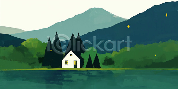 고요 휴식 JPG 일러스트 AI일러스트 AI콘텐츠 국내일러스트 나무 물 별 산 시골 야외 여름 여행 자연 장면 저녁 주택 초록색 풍경 하늘 호수 환경