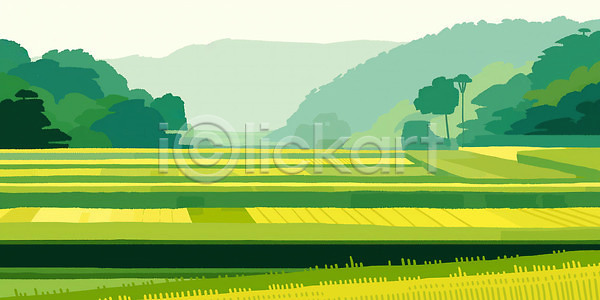 JPG 일러스트 AI일러스트 AI콘텐츠 계절 곡류 국내일러스트 금색 나무 날씨 농업 농장 농촌 바람 밭 산 수확 언덕 자연 초록색 평야 풍경