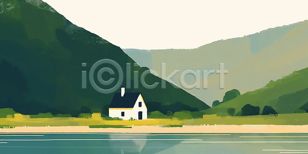 편안함 JPG 일러스트 AI일러스트 AI콘텐츠 경관 국내일러스트 나무 단순화된 물 바람 산 여름 오후 일상 자연 정원 주택 초원 풍경 햇빛 호수