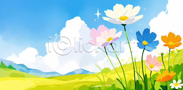 JPG 일러스트 AI일러스트 AI콘텐츠 계절 국내일러스트 꽃 노란색 봄꽃 생명 생태계 식물 언덕 자연 잔디 컬러 풍경 하늘 하늘색 햇빛