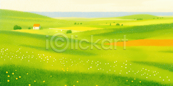 여유 JPG 일러스트 AI일러스트 AI콘텐츠 계절 공간 국내일러스트 그림 꽃 바다 봄풍경 언덕 여름 일상 자연 조화 주택 초원 평지 풍경 하늘