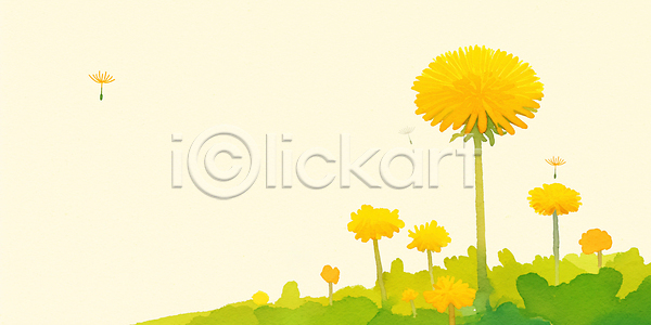JPG 일러스트 AI일러스트 AI콘텐츠 국내일러스트 꽃 꽃밭 날씨 노란색 민들레 민들레홀씨 봄 생태계 식물 여름 자연 초원 풍경 햇빛 환경