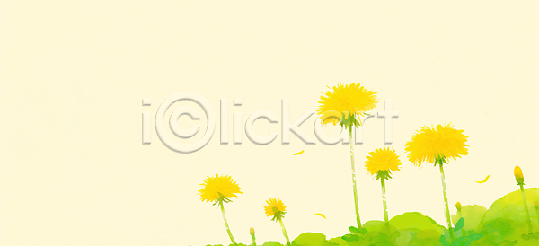 성장 JPG 일러스트 AI일러스트 AI콘텐츠 국내일러스트 꽃 노란색 단순화된 모양 민들레 백그라운드 봄 생명 식물 야외 여름 자연 잔디 초록색 컬러 풍경