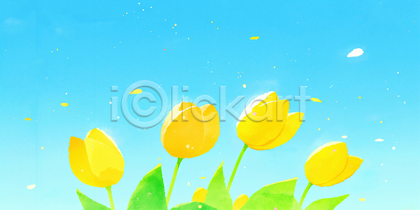 JPG 일러스트 AI일러스트 AI콘텐츠 국내일러스트 꽃 꽃잎 바람 봄 생명 식물 자연 초록색 컬러 튤립 풍경 하늘 하늘색 햇빛 화초
