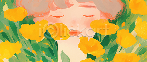 분위기 평화 소녀 JPG 일러스트 AI일러스트 AI콘텐츠 국내일러스트 그림 꽃 노란색 미소 봄 순간 식물 얼굴 여름 자연 컬러 표정 향기 힐링