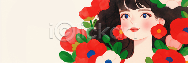 사람 여자 JPG 일러스트 AI일러스트 AI콘텐츠 감정 관찰 국내일러스트 그림 긴머리 꽃 꾸미기 머리 미소 봄 빨간색 얼굴 예술 자연 캐릭터 컬러 표정 표현