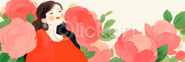 행복 소녀 여자 JPG 일러스트 AI일러스트 AI콘텐츠 국내일러스트 그림 꽃 꽃밭 미소 봄 뷰티풀 빨간색 실내 여름 옷 자연 정원 캐주얼 표정 향기