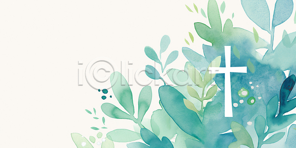 JPG 일러스트 AI일러스트 AI콘텐츠 국내일러스트 그래픽 기독교 디자인 디지털 물감 백그라운드 상징 수채화 스타일 식물 십자가 예술 자연 장면 종교 초록색 컬러 표현 흰색