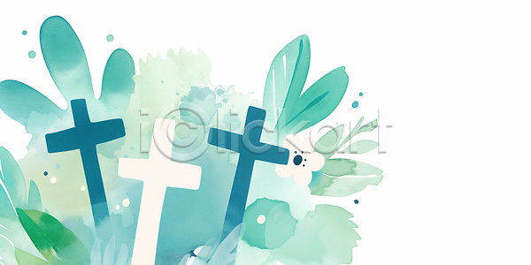JPG 일러스트 AI일러스트 AI콘텐츠 국내일러스트 그림 기독교 디자인 묘사 백그라운드 상징 손그림 수채화 십자가 예술 잎 자연 종교 초록색 컬러 파란색 표현