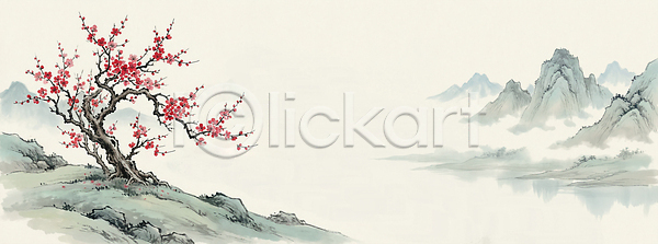 JPG 일러스트 AI일러스트 AI콘텐츠 국내일러스트 꽃 꽃나무 꽃봉오리 나무 동양화 매화 물 미술 봄 뷰티풀 산 수목 수채화 식물 안개 자연 차분 풍경 하늘