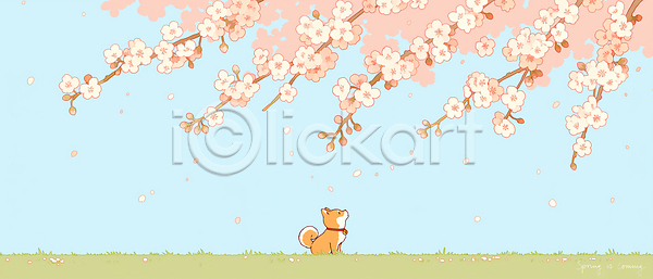귀여움 떨어짐 즐거움 JPG 일러스트 AI일러스트 AI콘텐츠 강아지 관찰 국내일러스트 꽃잎 나무 반려동물 벚꽃 봄 소풍 스크린 시바견 자연 잔디 컬러 풍경 하늘