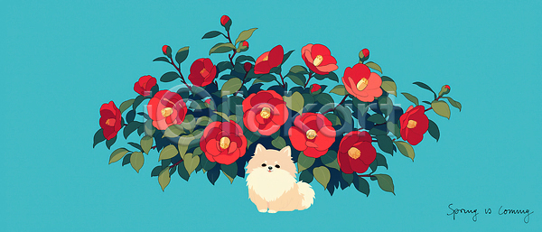 JPG 일러스트 AI일러스트 AI콘텐츠 강아지 국내일러스트 꽃 꽃밭 동물 봄 뷰티풀 빨간색 색감 식물 앉기 위치 응시 자연 컬러 파란색 포메라니안 풍경