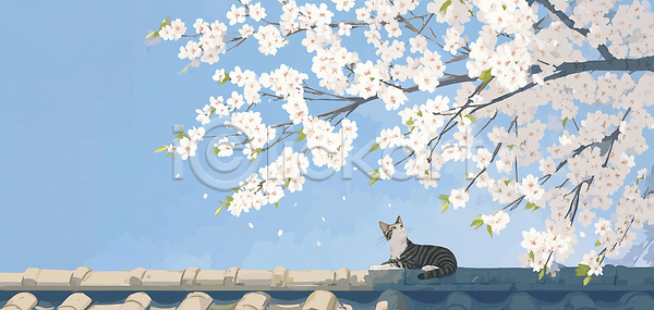 귀여움 JPG 일러스트 AI일러스트 AI콘텐츠 고양이 국내일러스트 꽃잎 나무 날씨 놀기 동물 먹이 벚꽃 봄 앉기 예술 일상 자연 주위 지붕 풍경
