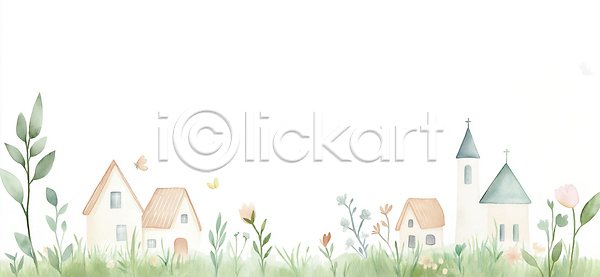 산책 JPG 일러스트 AI일러스트 AI콘텐츠 건물 공백 교회 국내일러스트 꽃 나무 디자인 마을 수채화 식물 자연 잔디 정원 주택 풍경