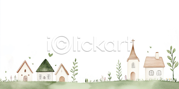 JPG 일러스트 AI일러스트 AI콘텐츠 거리 건물 교회 구조물 국내일러스트 단순화된 마을 모양 일상 자연 잔디 조경 주택 지역 초록색 컬러 풍경 환경